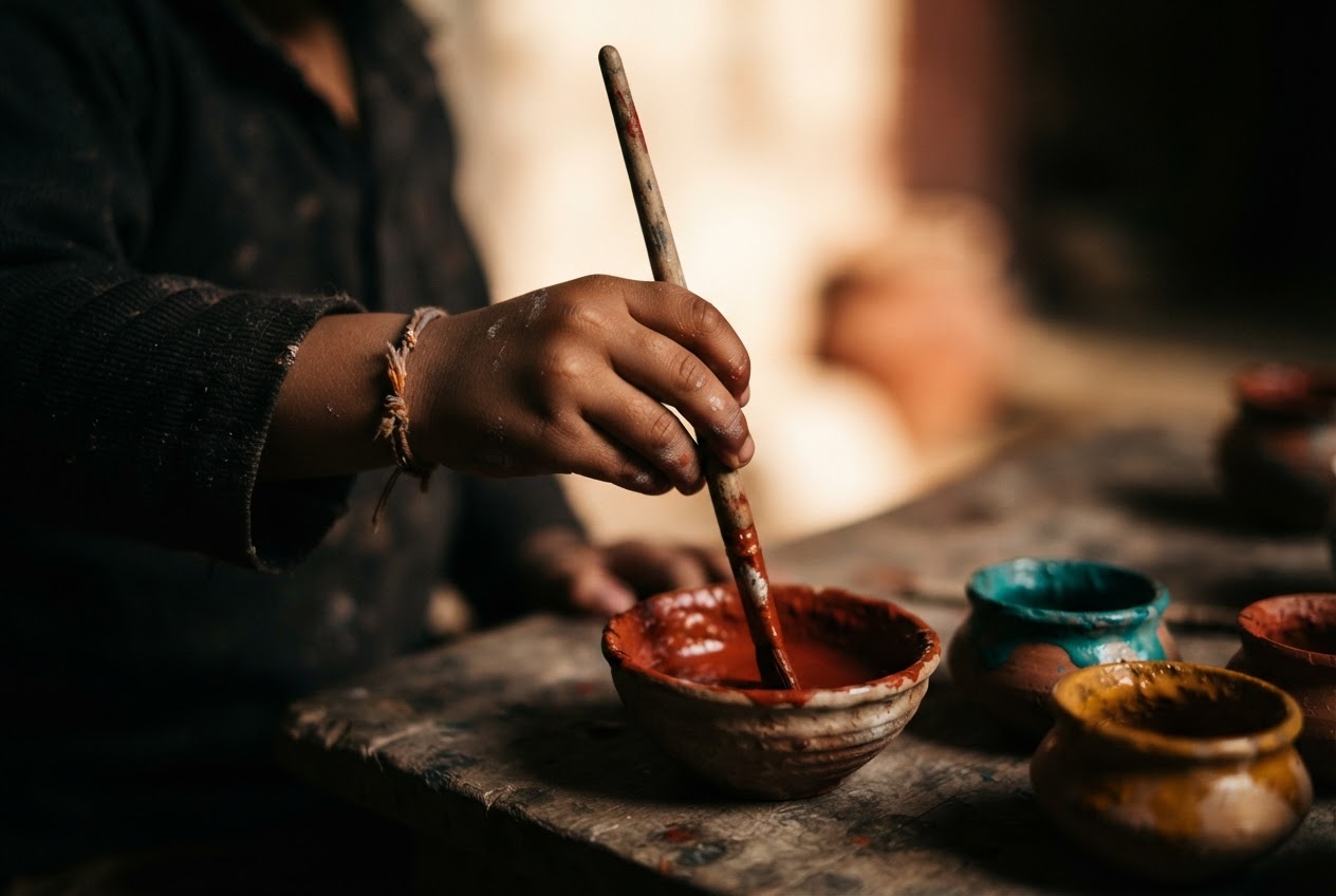 A child's hand holding a paintbrush